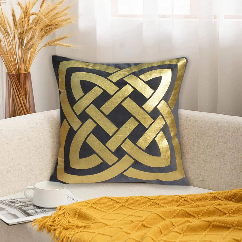 Luxury Foil Print Grey and Golden Velvet Cushion 16 x 16 inches