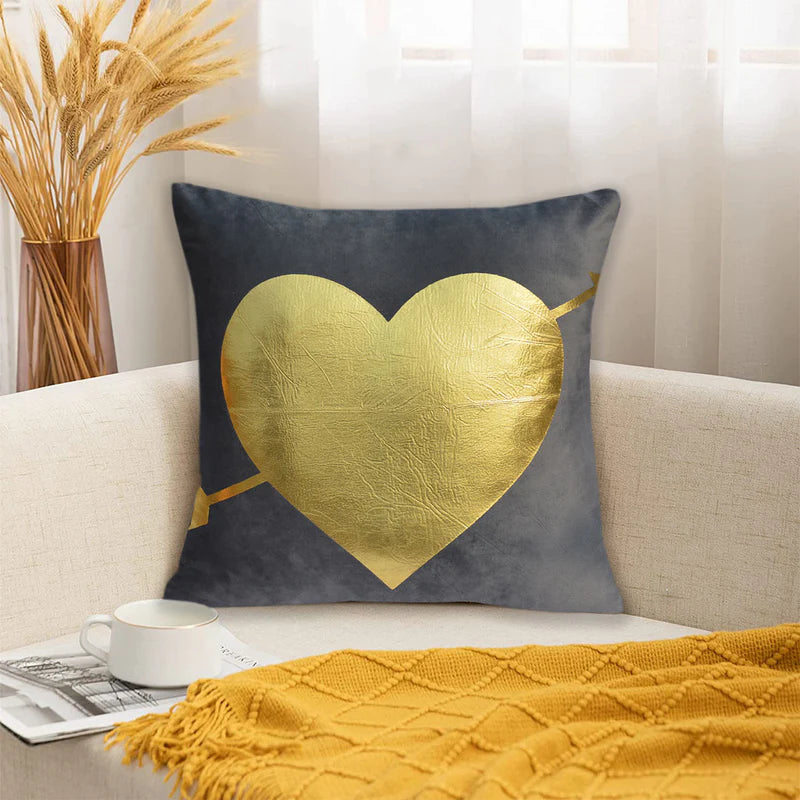 Luxury Foil Print Grey and Golden Velvet Cushion 16 x 16 inches