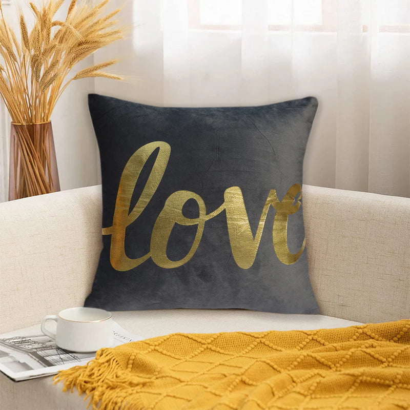 Luxury Foil Print Grey and Golden Velvet Cushion 16 x 16 inches