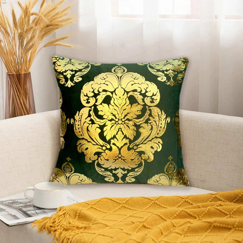 Luxury Foil Print Grey and Golden Velvet Cushion 16 x 16 inches