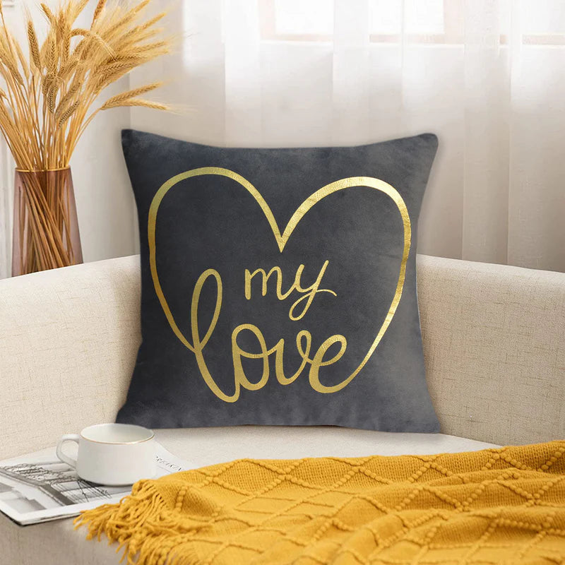 Luxury Foil Print Grey and Golden Velvet Cushion 16 x 16 inches