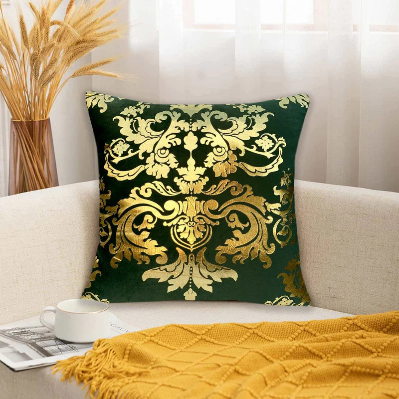 Luxury Foil Print Grey and Golden Velvet Cushion 16 x 16 inches