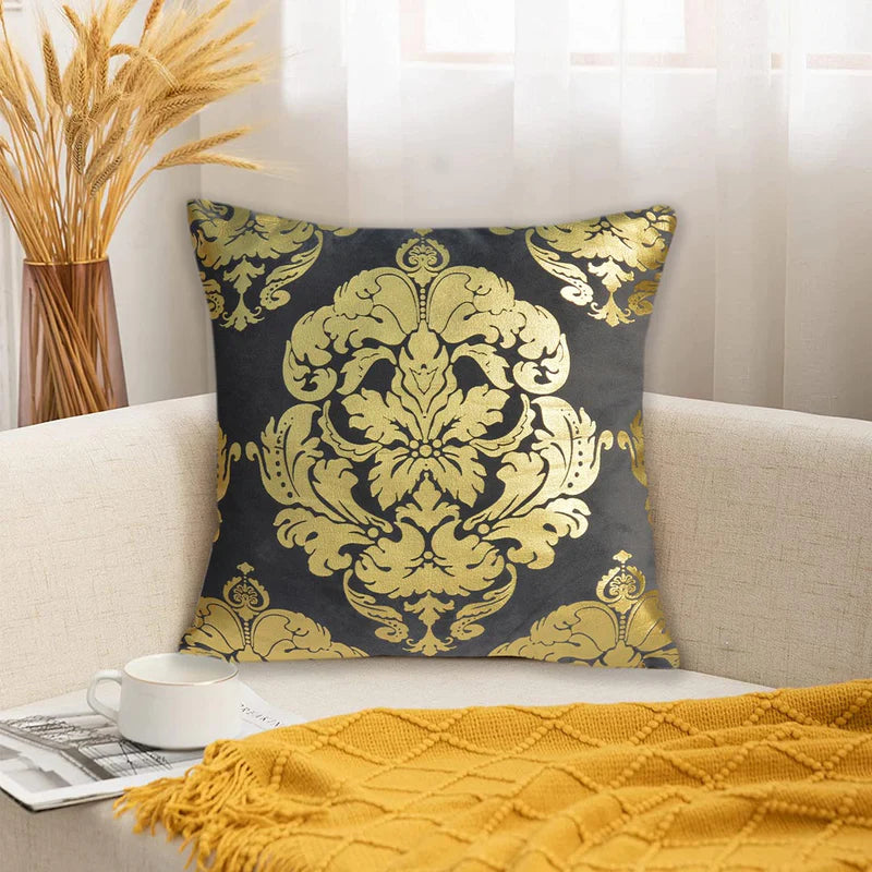 Luxury Foil Print Grey and Golden Velvet Cushion 16 x 16 inches