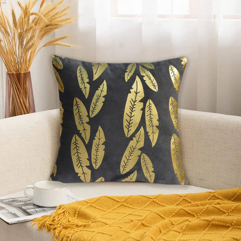 Luxury Foil Print Grey and Golden Velvet Cushion 16 x 16 inches